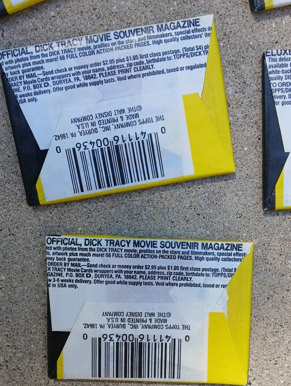 five unopened packs of 1990 Topps Dick Tracy movie trading cards.
